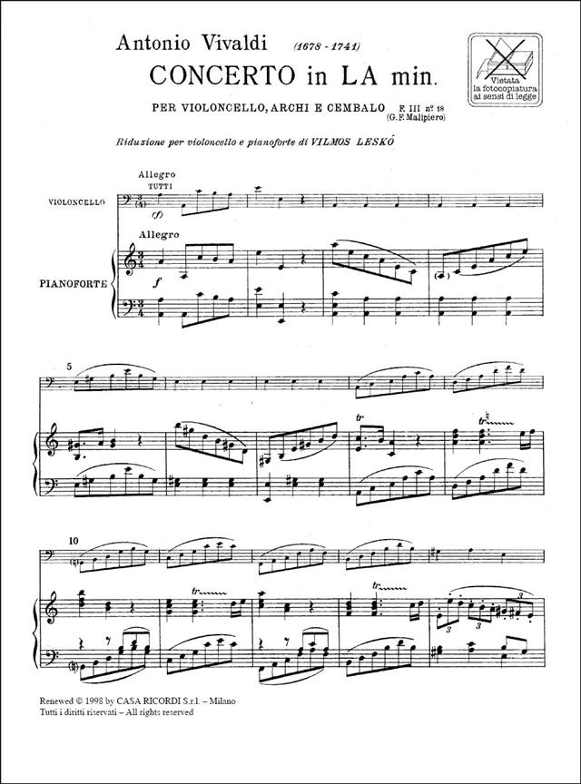 Concerto per Violoncello in La Min. RV 418 - F.Iii-18 - Riduzione Per Violoncello E Pianoforte - violoncello a klavír